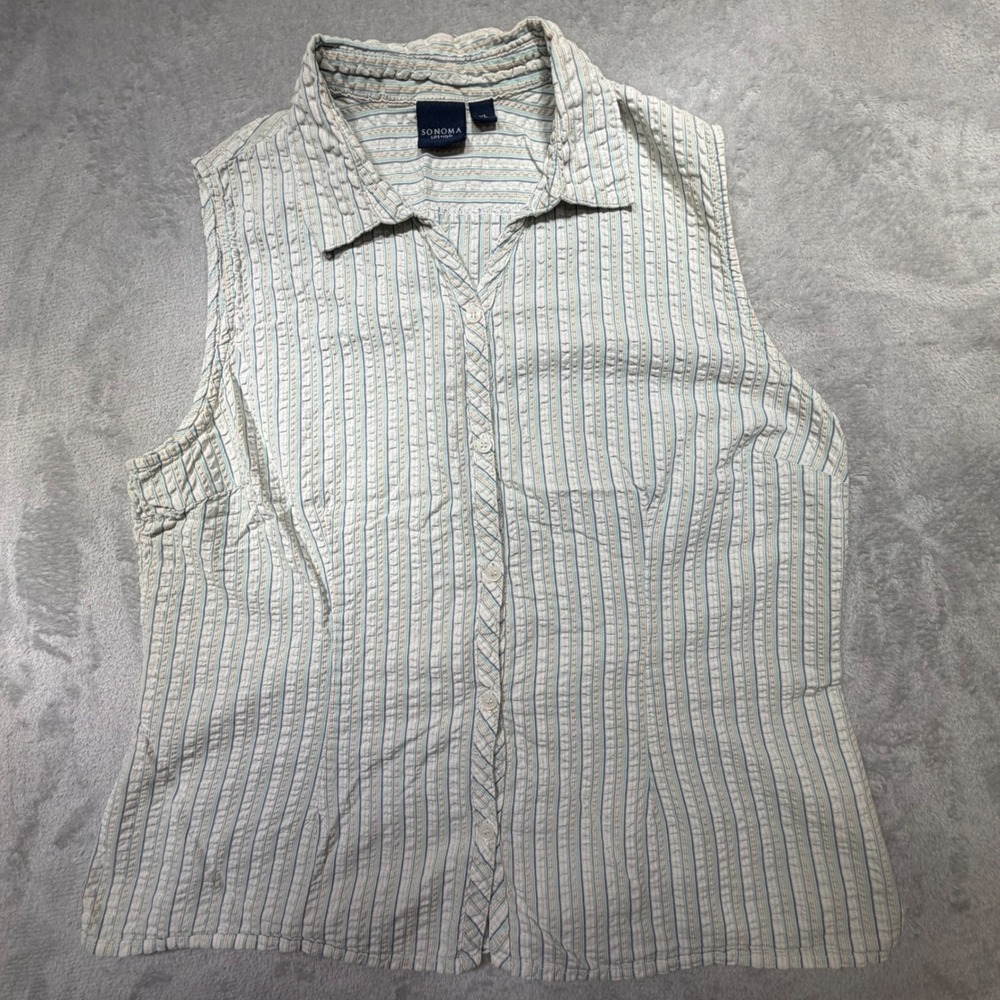 Vintage Sonoma XL Sleeveless Button Down Shirt Blue White Striped 100% Cotton